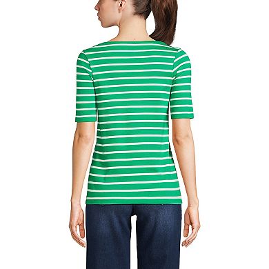 Women's Lands' End Elbow Sleeve Boatneck Button Shoulder Top