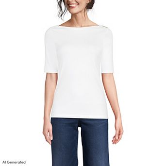 Petite Lands' End Elbow Sleeve Boatneck Button Shoulder Top