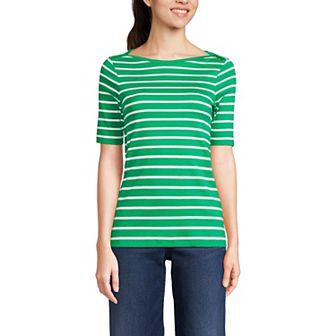 Women's Lands' End Elbow Sleeve Boatneck Button Shoulder Tee