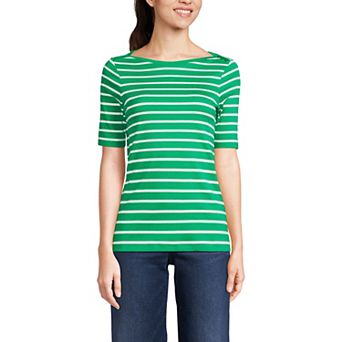 Women's Lands' End Elbow Sleeve Boatneck Button Shoulder Tee