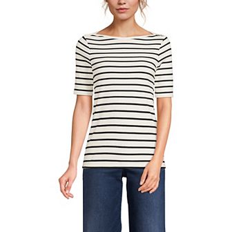 Women's Lands' End Elbow Sleeve Boatneck Button Shoulder Tee