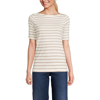 Women's Lands' End Elbow Sleeve Boatneck Button Shoulder Tee