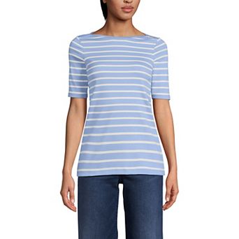 Women's Lands' End Elbow Sleeve Boatneck Button Shoulder Tee