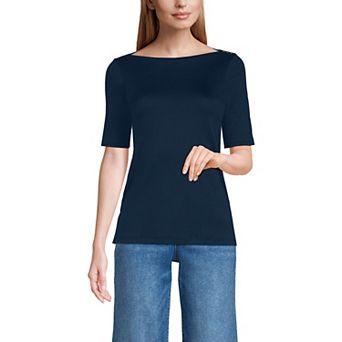 Women's Lands' End Elbow Sleeve Boatneck Button Shoulder Tee