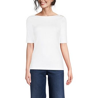 Women's Lands' End Elbow Sleeve Boatneck Button Shoulder Tee