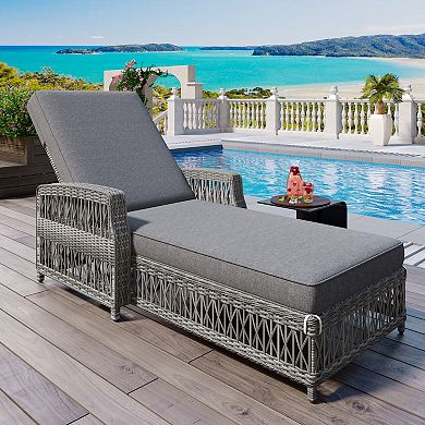 Outdoor Long Reclining Chaise, Wicker Lounge with Armrests