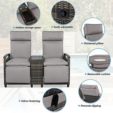 Merax Patio Recliner Loveseat Chair, Adjustable Backrest Wicker Outdoor Lounge Chair Set