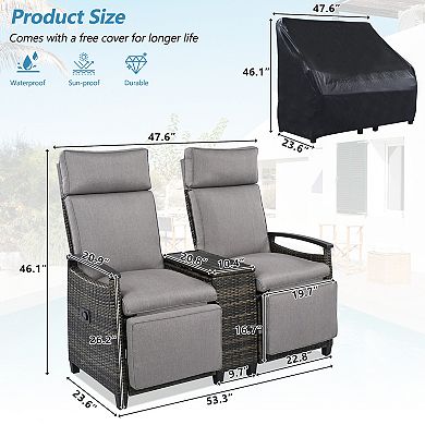 Merax Patio Recliner Loveseat Chair, Adjustable Backrest Wicker Outdoor Lounge Chair Set