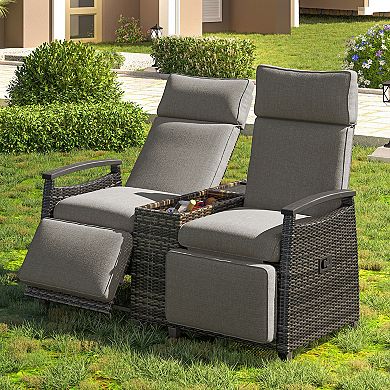 Merax Patio Recliner Loveseat Chair, Adjustable Backrest Wicker Outdoor Lounge Chair Set