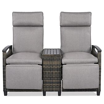 Merax Patio Recliner Loveseat Chair, Adjustable Backrest Wicker Outdoor Lounge Chair Set