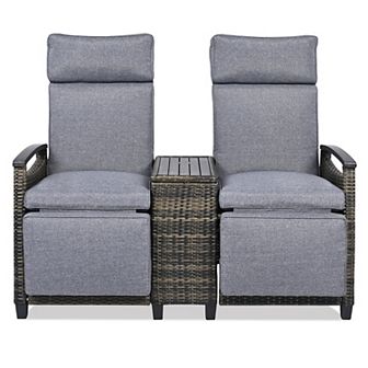 Merax Patio Recliner Loveseat Chair, Adjustable Backrest Wicker Outdoor Lounge Chair Set