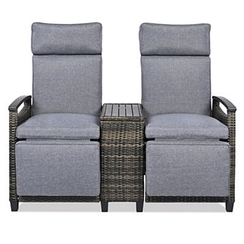 Merax Patio Recliner Loveseat Chair, Adjustable Backrest Wicker Outdoor Lounge Chair Set