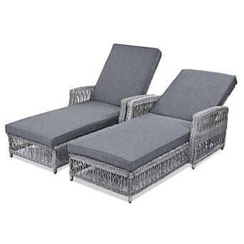 Merax 2 pc Long Reclining Chaise, Outdoor Wicker Lounge with Armrests