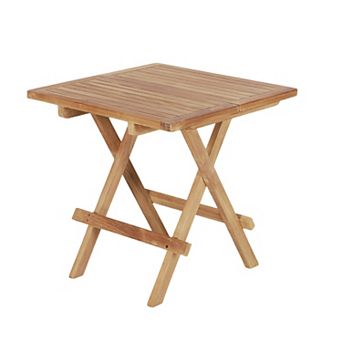 Teak Wood Square End Table with Slatted Tabletop Sturdy X-Shaped Wood Frame