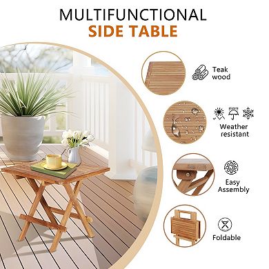 Teak Wood Square End Table with Slatted Tabletop Sturdy X-Shaped Wood Frame