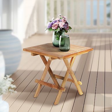 Teak Wood Square End Table with Slatted Tabletop Sturdy X-Shaped Wood Frame