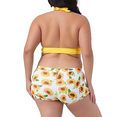 Women's Plus Size Sunflower Bikini 2 Piece Swimsuits High Waisted Halter Bathing Suit Sets