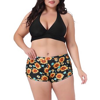 Women's Plus Size Sunflower Bikini 2 pc Swimsuits High Waisted Halter Bathing Suit Sets