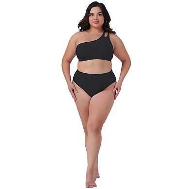 Plus Size Women's High Waisted Bikini Two Piece One Shoulder Keyhole Swimsuit Bathing Suits