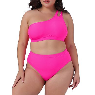 Plus Size Women's High Waisted Bikini Two Piece One Shoulder Keyhole Swimsuit Bathing Suits