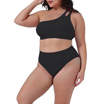Plus Size Women's High Waisted Bikini Two Piece One Shoulder Keyhole Swimsuit Bathing Suits