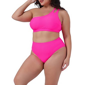 Plus Size Women's High Waisted Bikini Two Piece One Shoulder Keyhole Swimsuit Bathing Suits