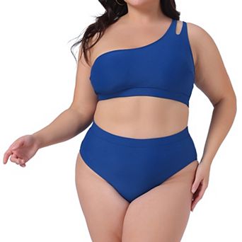Plus Size Women's High Waisted Bikini Two Piece One Shoulder Keyhole Swimsuit Bathing Suits
