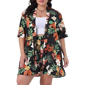 Plus Size 2 pc Outfit for Women Tropical Print Kimono Floral Tops and Shorts Sets