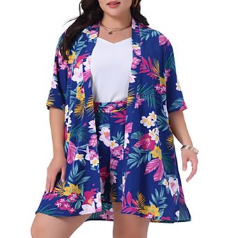 Plus Size 2 pc Outfit for Women Tropical Print Kimono Floral Tops and Shorts Sets