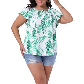 Plus Size Women's Boho Tops Floral V Neck Flutter Short Sleeve Tie Summer Blouse Tops Vacation