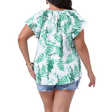 Plus Size Women's Boho Tops Floral V Neck Flutter Short Sleeve Tie Summer Blouse Tops Vacation