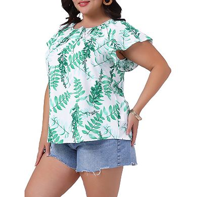 Plus Size Women's Boho Tops Floral V Neck Flutter Short Sleeve Tie Summer Blouse Tops Vacation