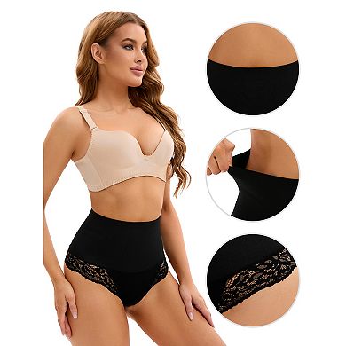 Women's Lace Trim Tummy Control Underwear Briefs High Waist Flatten Stomach Shaping Panties