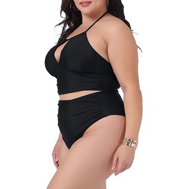 Plus Size for Women Swimsuit Set 2 Piece Halter Ruched Polka Dots Solid High Waisted Bathing Suits