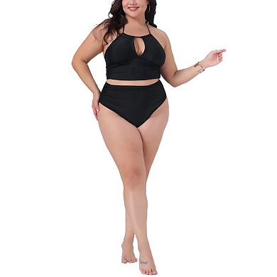 Plus Size for Women Swimsuit Set 2 Piece Halter Ruched Polka Dots Solid High Waisted Bathing Suits