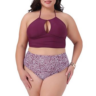 Plus Size for Women Swimsuit Set 2 pc Halter Ruched Polka Dots Solid High Waisted Bathing Suits
