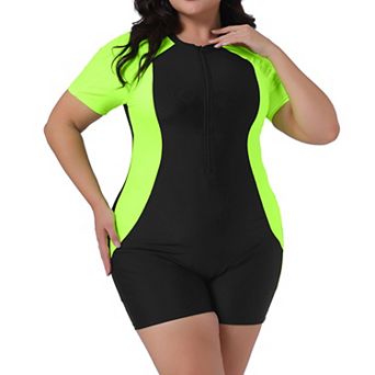 Plus Size One Piece Swimsuits for Women Zipper Short Sleeve Contrast Colors with Boyshorts Swimwear