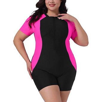 Plus Size One Piece Swimsuits for Women Zipper Short Sleeve Contrast Colors with Boyshorts Swimwear
