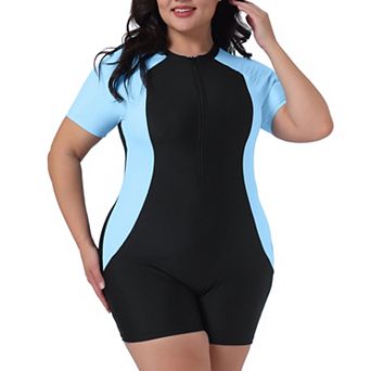 Plus Size One Piece Swimsuits for Women Zipper Short Sleeve Contrast Colors with Boyshorts Swimwear