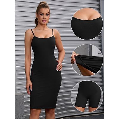 Women's Shapewear Dresses Buit in Bra Adjustable Spaghetti Straps Layered  Full Slips Bodycon Dress