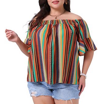 Plus Size Top for Women Boho Off Shoulder Short Sleeve Striped Blouse Shirt Top