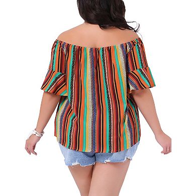 Plus Size Top for Women Boho Off Shoulder Short Sleeve Striped Blouse Shirt Top