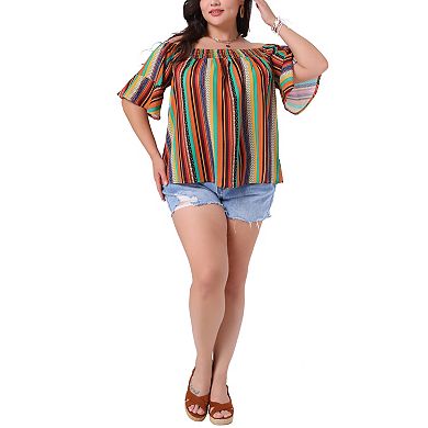 Plus Size Top for Women Boho Off Shoulder Short Sleeve Striped Blouse Shirt Top
