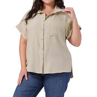 Plus Size Button Down Shirts for Women Short Sleeve Summer Causal Collared Tops with Chest Pocket