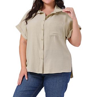 Plus Size Button Down Shirts for Women Short Sleeve Summer Causal Collared Tops with Chest Pocket