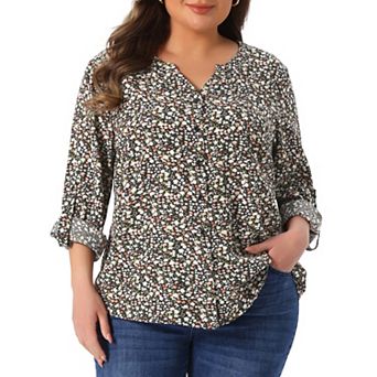 Plus Size Floral Tops for Women Long Sleeve Notched V Neck Business Casual Work Shirts Blouses