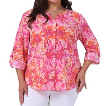 Plus Size Floral Tops for Women Long Sleeve Notched V Neck Business Casual Work Shirts Blouses