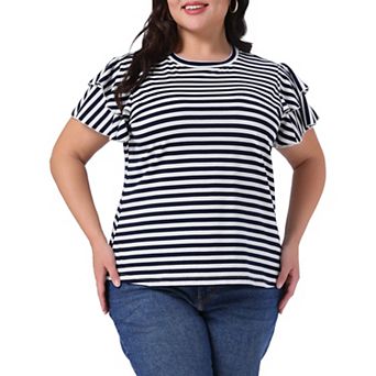 Plus Size Tops for Women Round Neck Striped Ruffle Short Sleeve Casual T-Shirt Summer Blouse