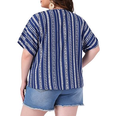 Plus Size Boho Tops for Women Floral V Neck Drawstring Short Sleeve Summer Blouse