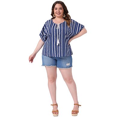 Plus Size Boho Tops for Women Floral V Neck Drawstring Short Sleeve Summer Blouse